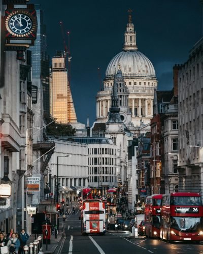 Street in London with St Pauls Cathedral behind